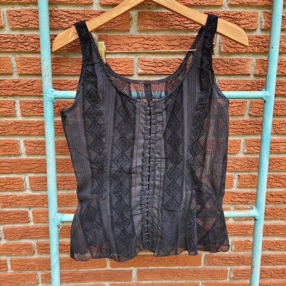 Vintage-Inspired Sheer Black Lace Corset-Style Tank Top